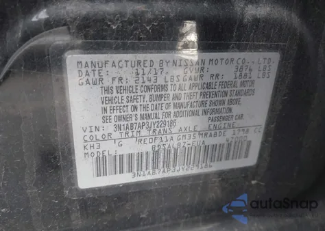 2018 Nissan Sentra S z USA, uszkodzony, nr VIN 3N1AB7AP3JY229186